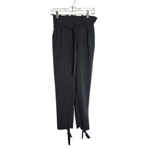 Grace Karin Black Paperbag Waist Pants High Rise Ankle Tie Trousers Womens Small